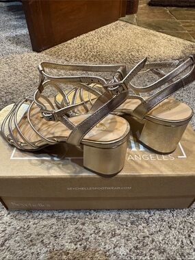 Seychelles Metallic Gold Strappy Block Heel Sandals